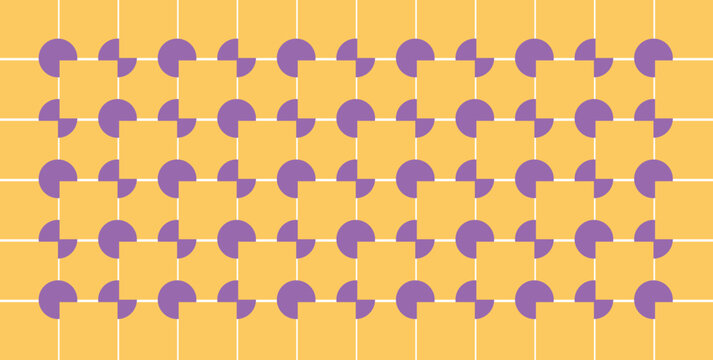 A playful geometric pattern with purple circular motifs and white grid lines on yellow