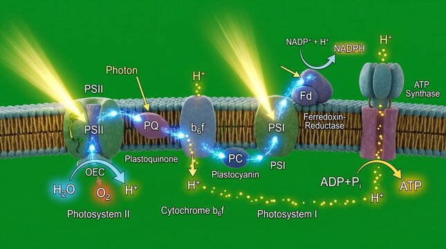 Photosynthesis process diagram showing lightdependent reactions and atp synthesis in plant cells