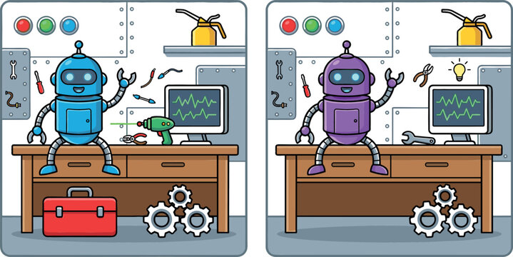 Find the Differences Robot Workshop Game Vector Template for Kids Activity Sheet Featuring Mechanical Laboratory Labyrinth Puzzle Designs