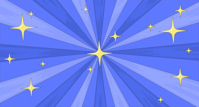Blue radial starburst with glowing stars lofi background. Abstract burst shining. Retro sunburst with twinkles. Lo Fi art aesthetic. 2D flat wallpaper nostalgic illustration. Vector cartoon image