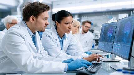 Fototapeta premium Researchers analyzing brain scans on computer monitors in modern medical laboratory with collaborative neuroscience team