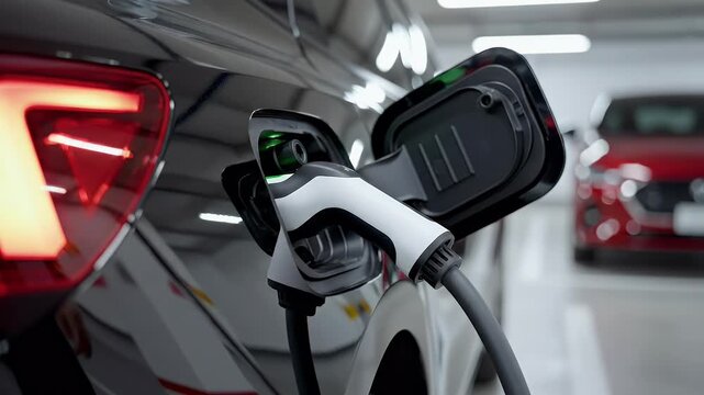 Person plugs electric vehicle into charging station