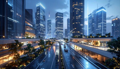 Obraz premium Modern city skyline at dusk with illuminated skyscrapers and river.