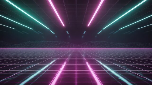 Vibrant neon grid with pink and blue lights on a dark background with futuristic ambiance and grid pattern on floor and ceiling