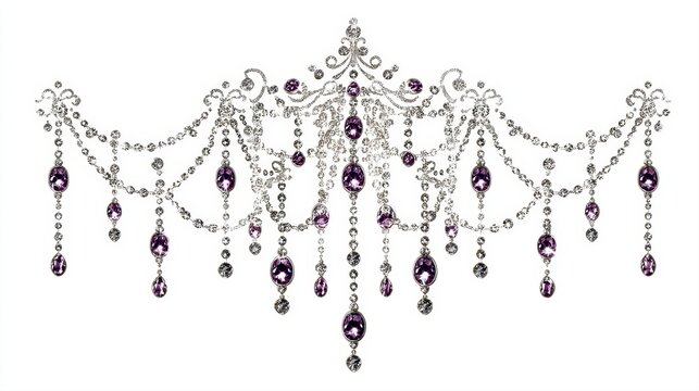 Elegant luxury diamond tiara necklace border element with teardrop purple amethyst gemstones crystals and shiny silver jewelry ornaments decoration design illustration on isolated white background
