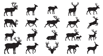 Fototapeta premium Black silhouette deer icons collection featuring antlers woodland animals in various poses, wildlife
