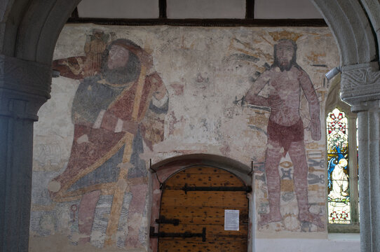 Medieval paintings on the walls of Breage Church Cornwall 