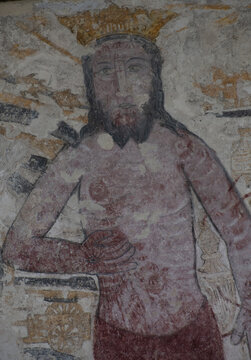 Medieval paintings of Jesus on the walls of Breage Church Cornwall 