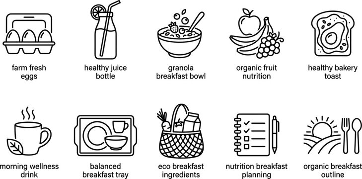 Healthy breakfast and organic food line icon set featuring eggs juice bowl fruit toast tray basket and nutrition planning checklist.