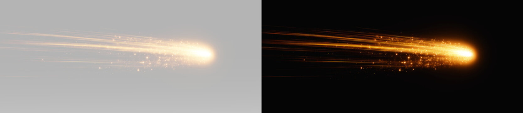 Glowing comet trail with sparkling particles and bright meteor streak in night sky for astronomy and space design