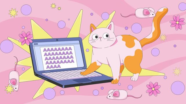 Cute playful cat stepping on laptop keyboard lofi animation. Funny pet accidental typing notebook. Relatable WFH humor. Lo Fi aesthetic animated background 4K video. Flat 2D cartoon live wallpaper