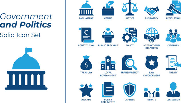 Government and politics solid vector icon set. Featuring Election Vote, Law and Justice, Diplomacy, Treaty, Debate. Icons for political campaigns, democracy and legal services