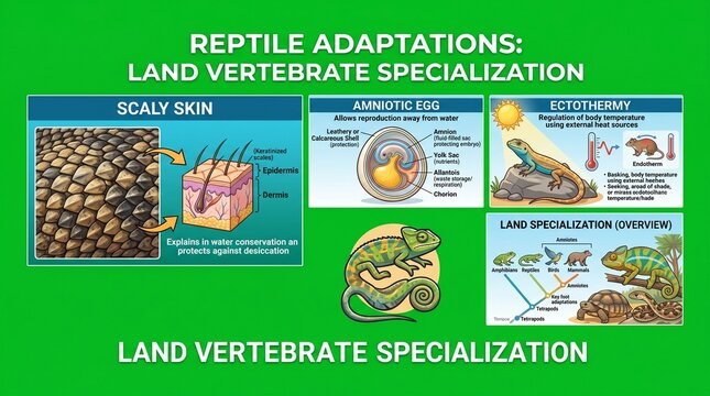 Reptile adaptations for land vertebrate specialization infographic with scaly skin and amniotic egg