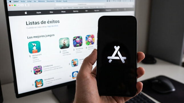 Hand holding smartphone with Apple App Store logo against a computer monitor background displaying the App Store web interface with top game charts, rankings, and mobile app listings in Spanish.