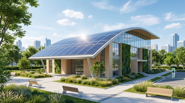 Modern sustainable building with solar panel roof and green walls, eco-friendly architecture design in city park, renewable energy concept