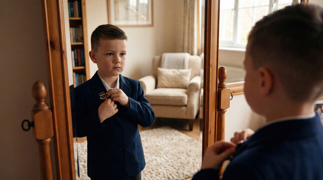Young boy wearing a blue school uniform blazer looking at his reflection in a wooden full length mirror while adjusting his collar in a living room