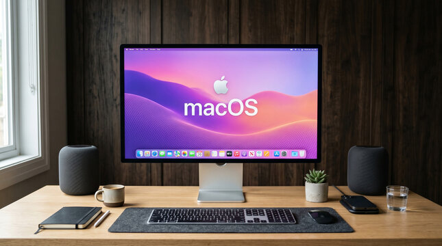 Minimalist home office workstation featuring a widescreen monitor displaying the macOS operating system interface with Apple logo, wireless keyboard, mouse, smart speakers, and office supplies.