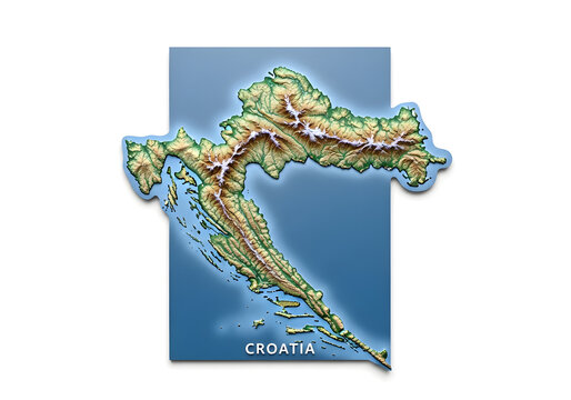 Detailed Topographic Map of Croatia with Coastal and Mountain Terrain Relief, 3D Perspective