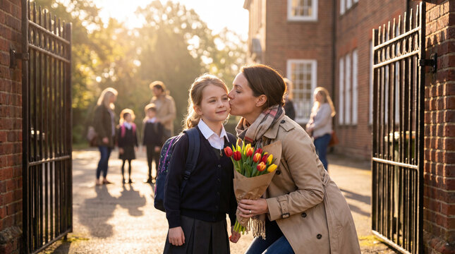 Loving mother kissing her young daughter on the cheek outside the open school gates during a bright morning while holding a bouquet of colorful tulips for the first day of school