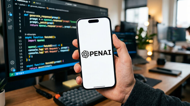 Hand holding a smartphone displaying the OpenAI logo with a professional developer's workspace and programming code on a computer monitor in the background representing AI technology software.