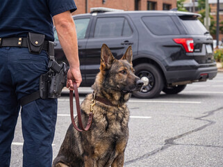 Professional police officer and loyal K9 German Shepherd dog partner on active patrol duty with a police SUV. © Stephen