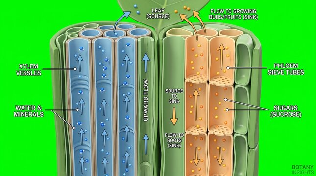 Detailed illustration of plant stem anatomy with xylem and phloem