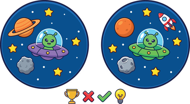 Find the Differences Outer Space Game Vector Template for Kids Activity Sheet Featuring Cute Cartoon Alien UFO Rocket and Planets Puzzle Designs