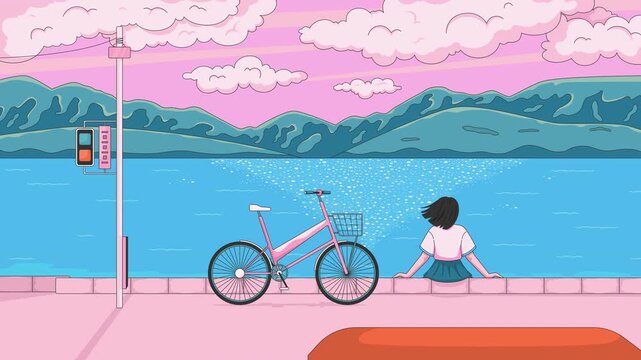 Japanese lofi seaside bicycle and schoolgirl animation. Dreamy anime waterfront promenade with highschool girl. Lo Fi aesthetic animated background 4K video. Flat 2D cartoon nostalgic live wallpaper