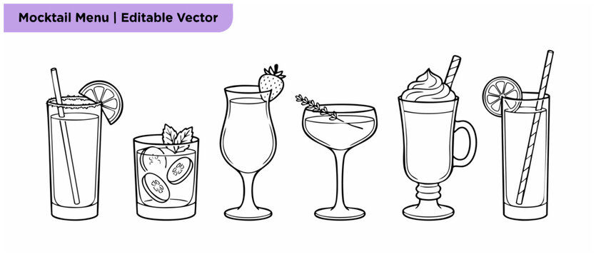 Cocktail drink vector line art set of alcoholic and non-alcoholic mocktail beverage outline icons for menu design, coloring book page, bar graphic illustrations isolated on white background templates.