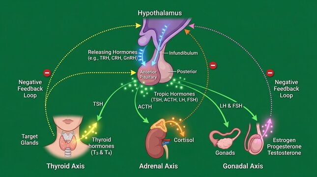 Detailed illustration of hypothalamus-pituitary axis endocrine system on vibrant green medical diagram background