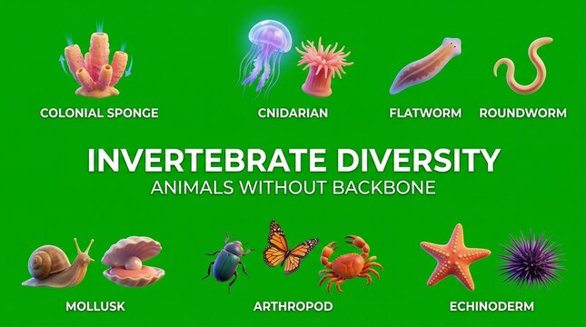 Colorful Invertebrate Diversity Illustration on Green Background with Scientific Labels