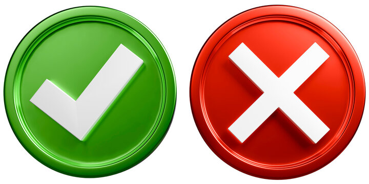 Green checkmark and red cross buttons isolated on background. 3D render of yes and no icons, do and don'ts choice, correct and wrong symbols, true or false decision presentation concept.