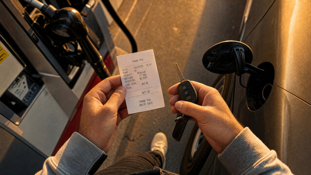 Refuel fuel gasstation pump car receipt keys driver payment sunset scene showing a driver holding receipt and car keys beside a pump during golden hour with warm light and blurred road background