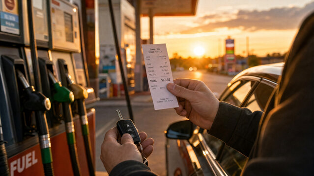 Refuel fuel gasstation pump car receipt keys driver payment sunset scene showing a driver holding receipt and car keys beside a pump during golden hour with warm light and blurred road background
