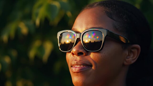African american woman wearing sunglasses with colorful bokeh light reflections. Cheerful female model standing outdoors during golden hour for summer lifestyle concept