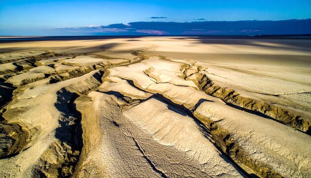 Aerial view of desert river delta and sand dunes.