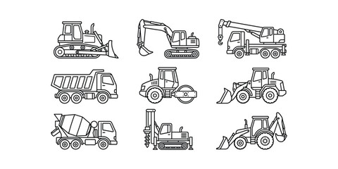 Construction equipment line art set vector illustration of heavy machinery © Ruhina