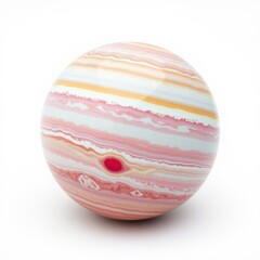 Fototapeta premium Planet model shows layered bands, pinks, oranges, creams. Notable red spot visible. Smooth surface, spherical shape, studio lighting.