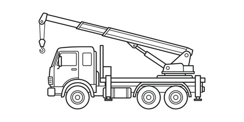Line art illustration of a mobile crane truck with extended boom © Ruhina