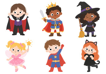 Collection of kids in Halloween costumes. Kids dressed as vampire, witch, fairy, superhero and black cat. Cute set for Halloween party. Vector illustration in the flat hand drawn style.