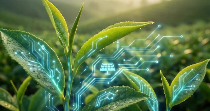 Close-up of green plant leaves with glowing blue circuit patterns and a solar panel icon, representing sustainable agriculture technology.