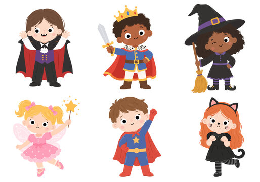 Collection of kids in Halloween costumes. Kids dressed as vampire, witch, fairy, superhero and black cat. Cute set for Halloween party. Vector illustration in the flat hand drawn style.