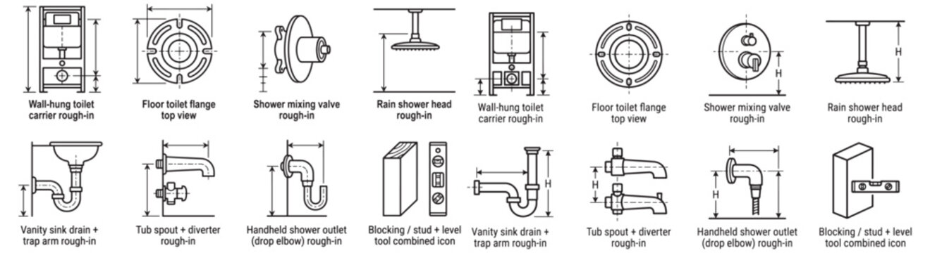 Plumbing Rough-In Diagram Set Showing Toilet Flange, Shower Valve, Sink Drain and Fixture Layouts 