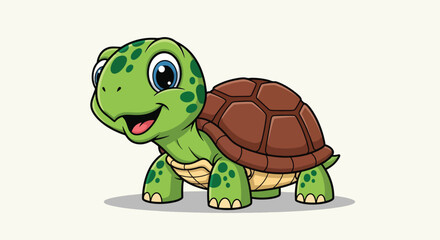 Obraz premium Cute cartoon turtle smiling and walking on a white background.