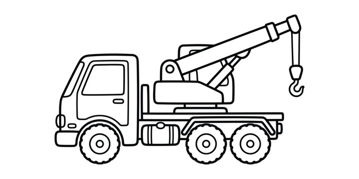 Line art illustration of a mobile crane truck side view isolated on white