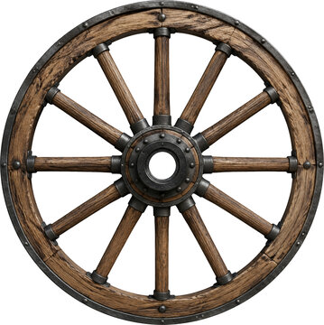 Vintage wooden chariot wheel isolated on transparent background
