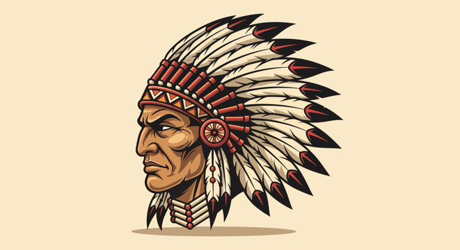 Native American Chief in Traditional Feather Headdress Illustration.