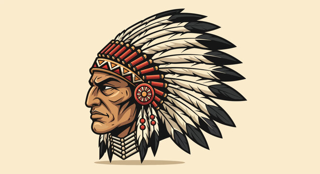 Native American Chief Wearing Traditional Feathered War Bonnet Headdress Illustration.