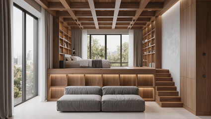 Obraz premium Modern Bedroom Interior with Wooden Elements and Integrated Bookcases
