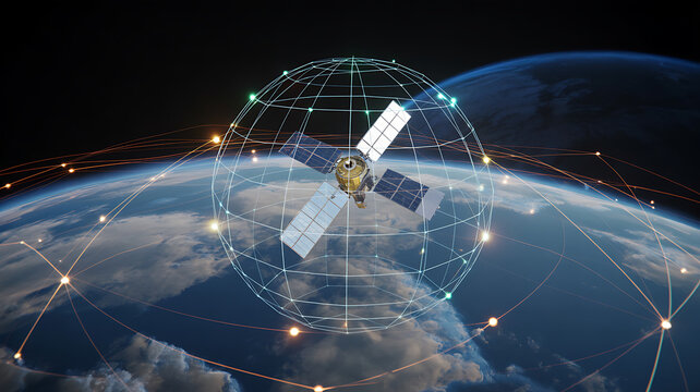 Satellite in orbit around earth, network connections planet globe